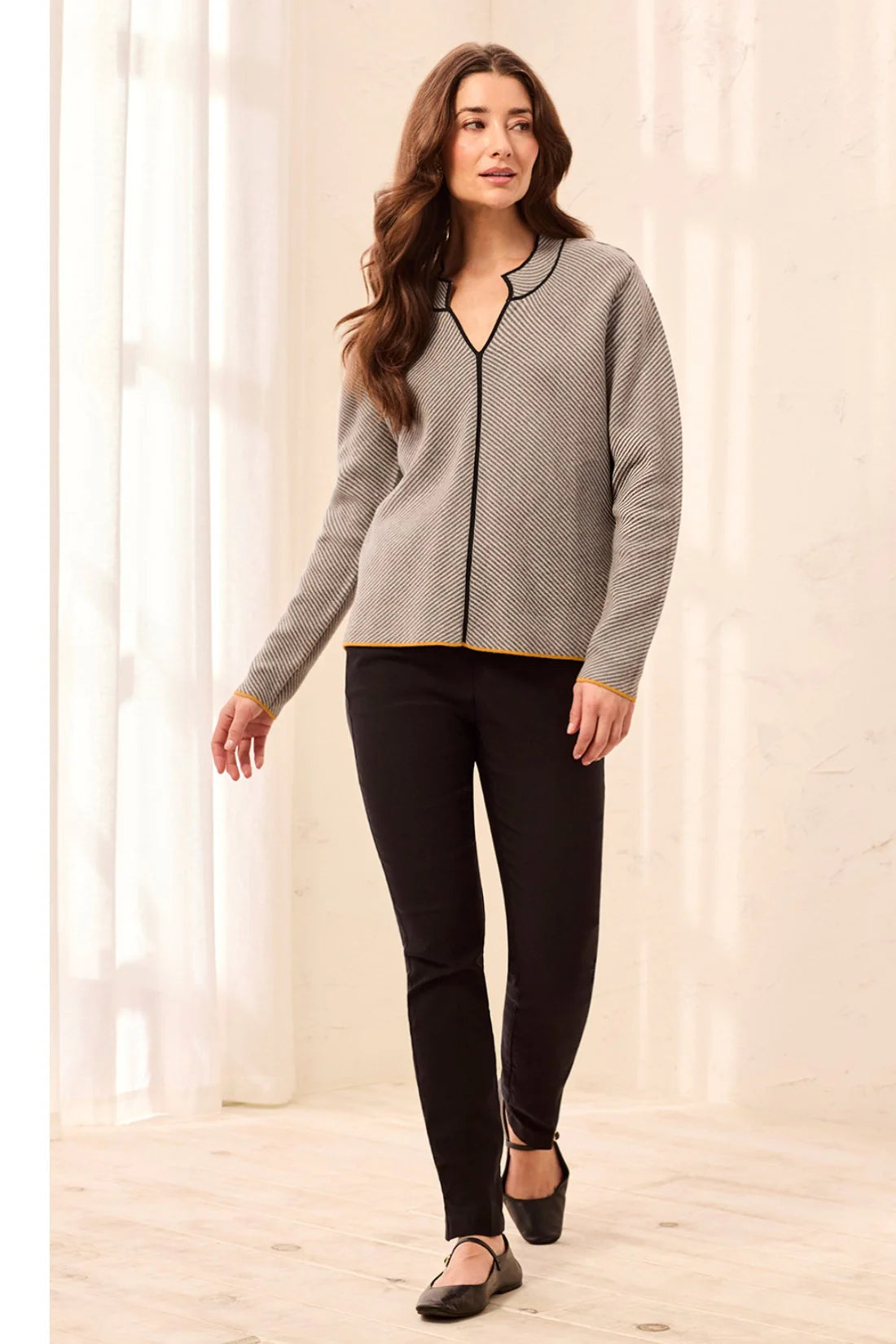 TEXTURED DIAGONAL STRIPE SPLIT NECK SWEATER
