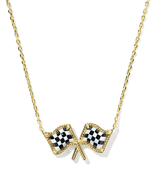 Kendra Scott CHECKERED FLAG SHORT PENDANT NECKLACE GOLD WHITE MOTHER OF PEARL