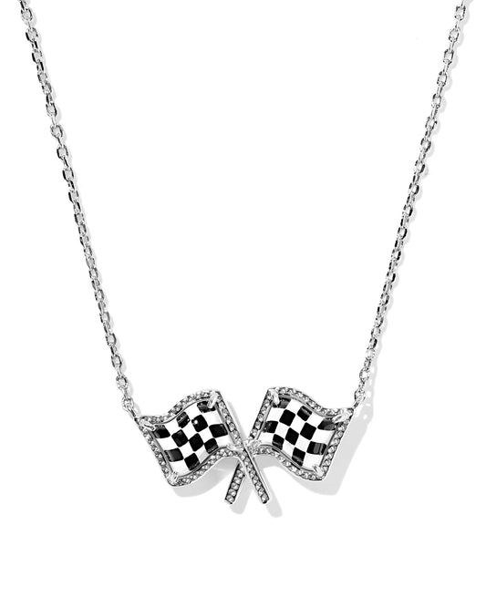 Kendra Scott CHECKERED FLAG SHORT PENDANT NECKLACE SILVER WHITE MOTHER OF PEARL