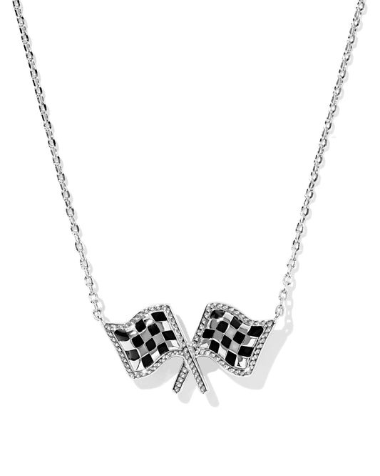 Kendra Scott CHECKERED FLAG SHORT PENDANT NECKLACE SILVER WHITE MOTHER OF PEARL