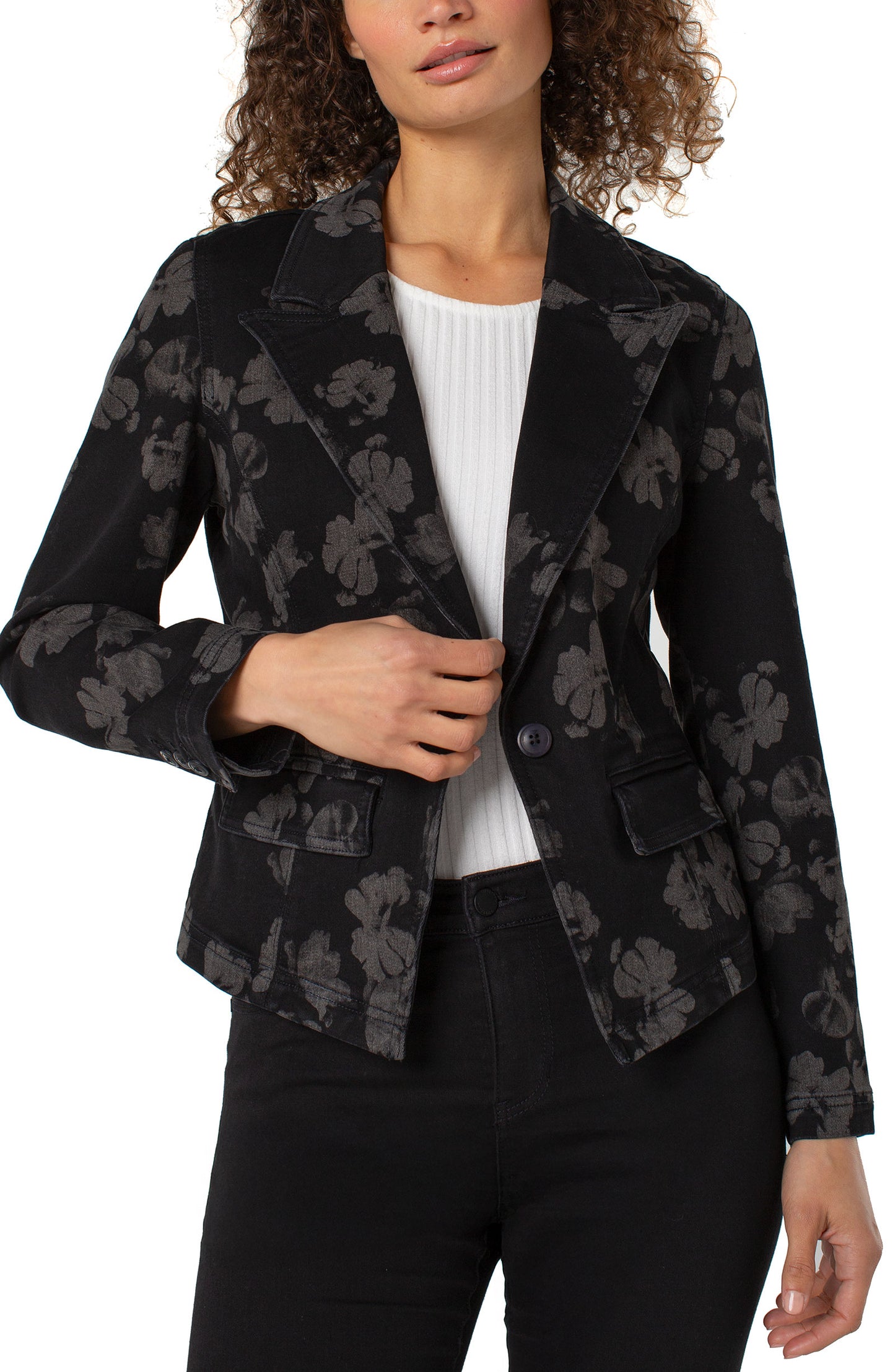 Liverpool Notch Collar One Button Floral Denim Blazer