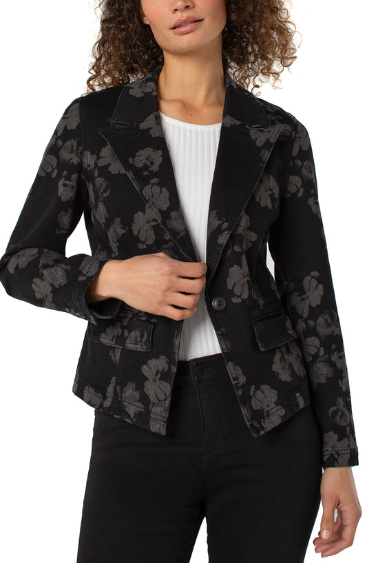 Liverpool Notch Collar One Button Floral Denim Blazer