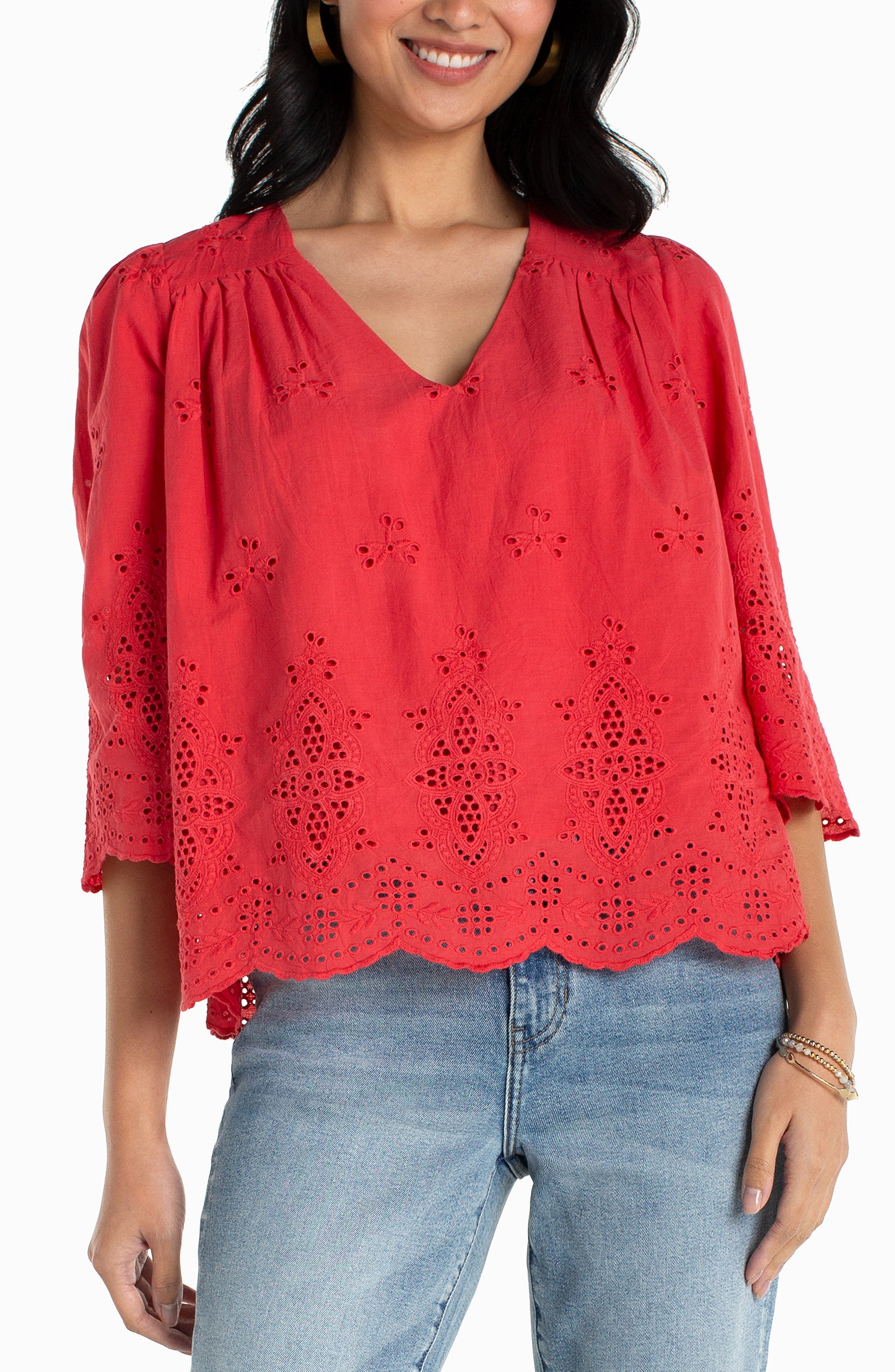Liverpool Cherry Rose 3/4 Sleeve V Neck Eyelet Woven Top