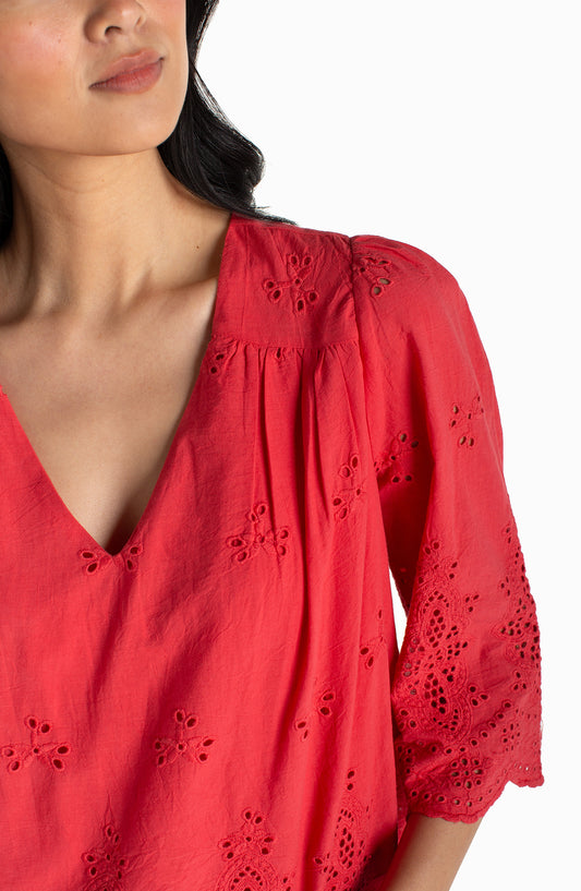 Liverpool Cherry Rose 3/4 Sleeve V Neck Eyelet Woven Top