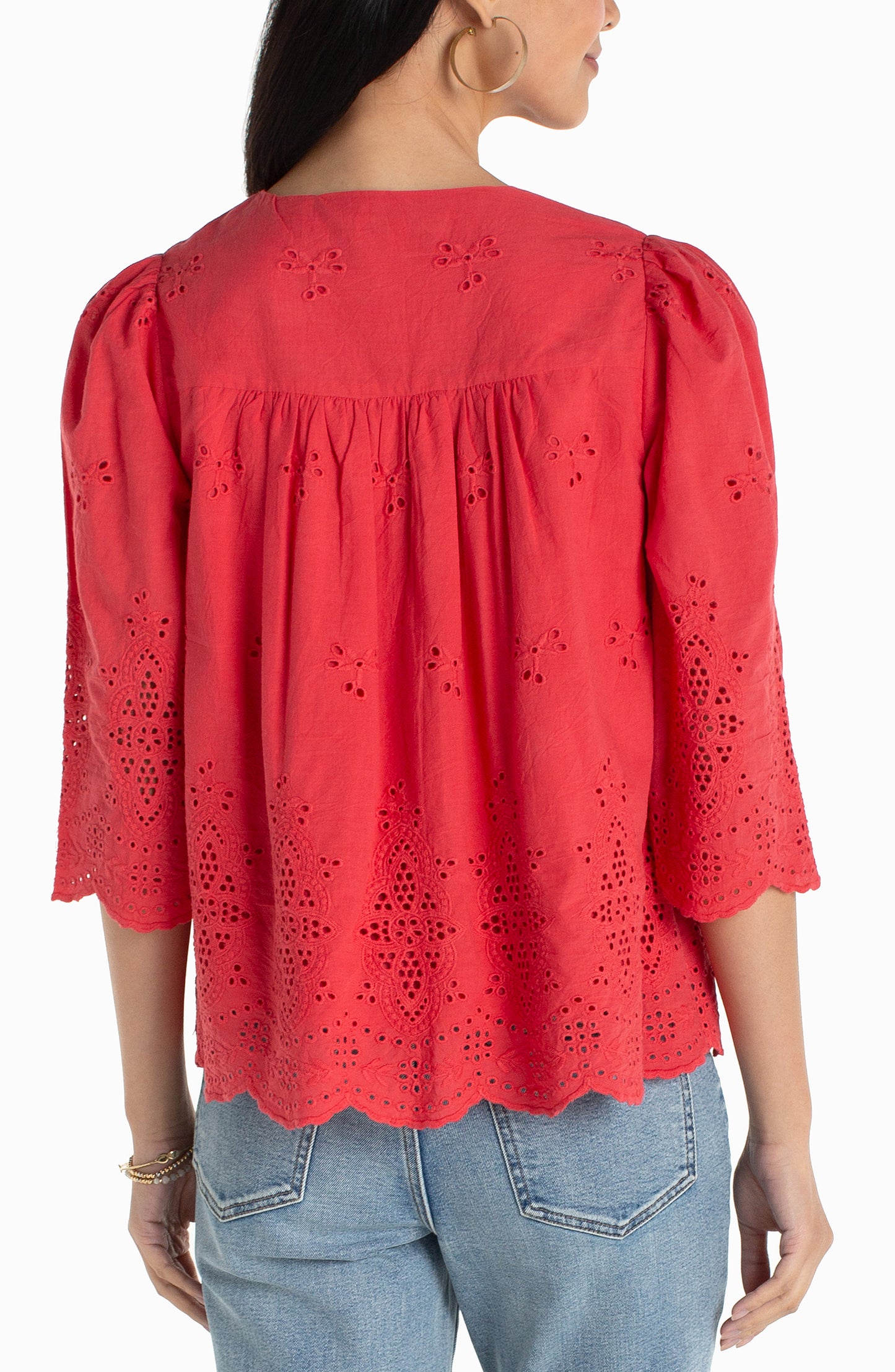 Liverpool Cherry Rose 3/4 Sleeve V Neck Eyelet Woven Top