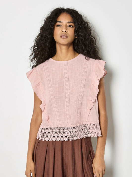 APRICOT LACE TRIM FRILL EDGE TOP