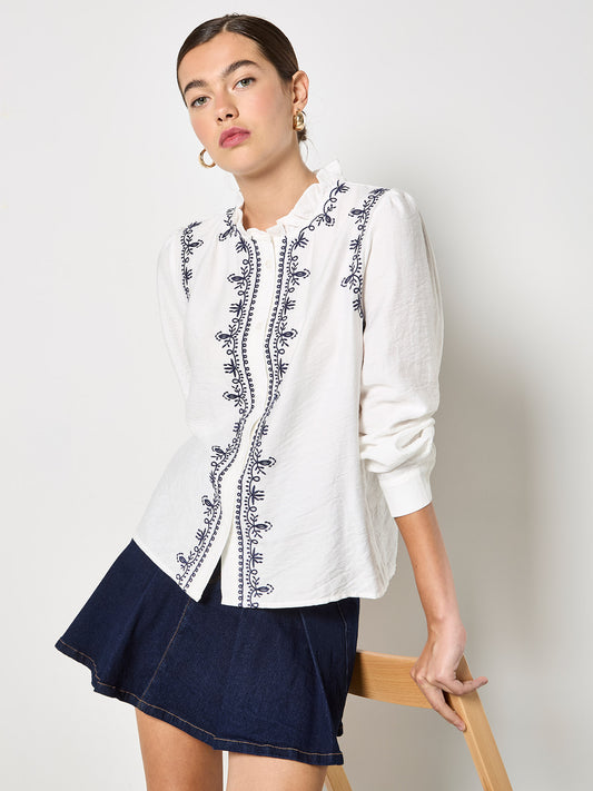 APRICOT RUFFLE NECK EMBROIDERED BLOUSE
