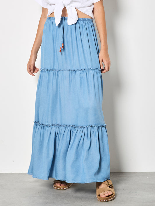 APRICOT TIERED DENIM SKIRT