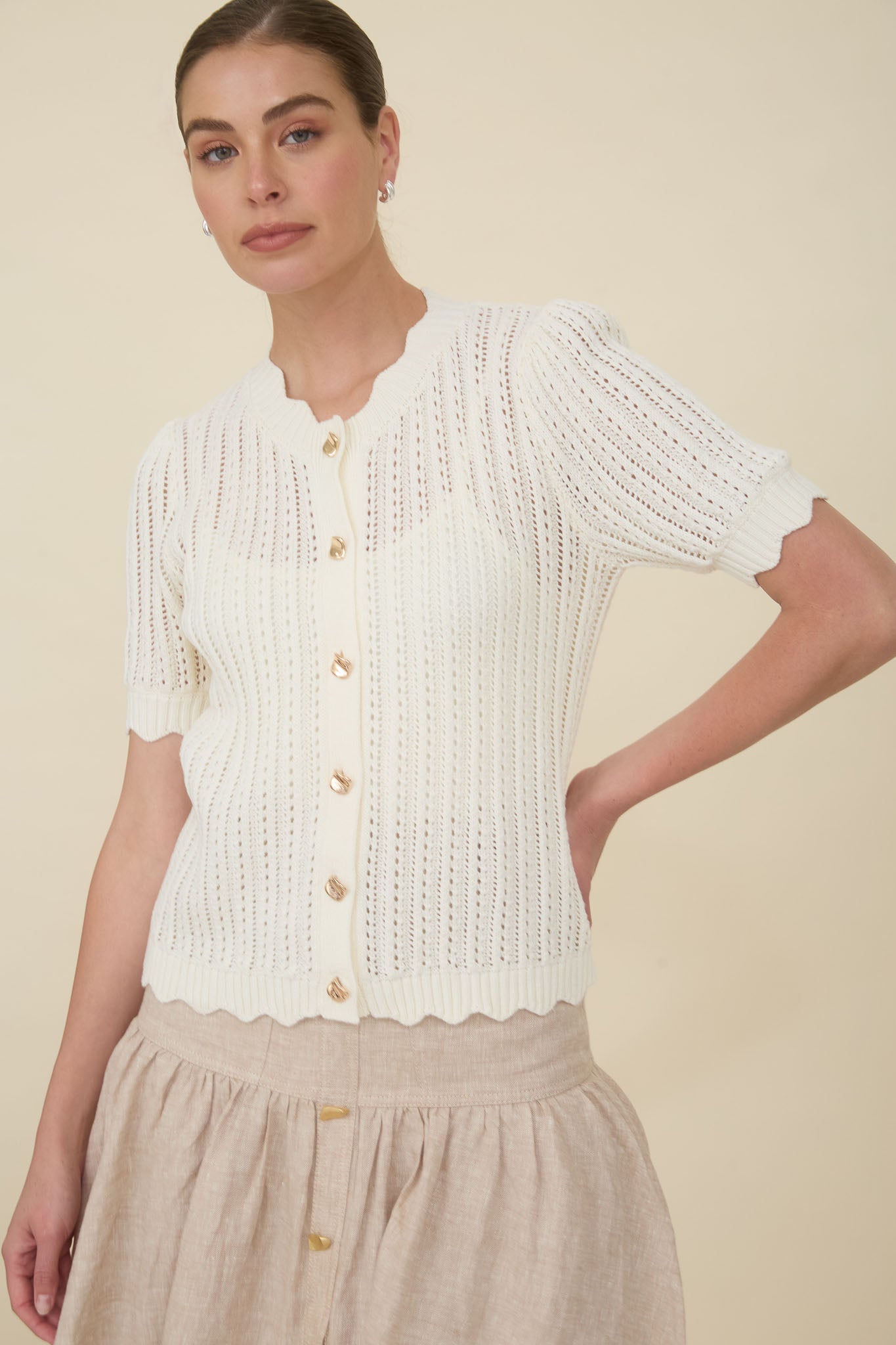 Short Sleeve Button Up Crochet Top