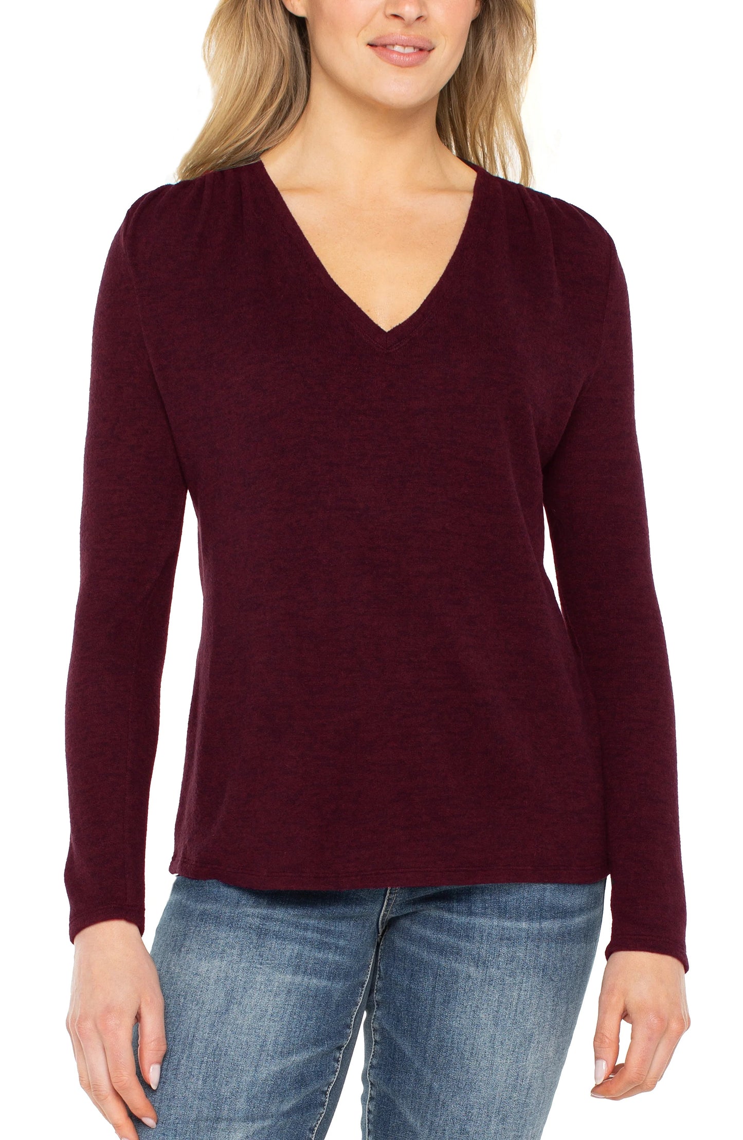 Liverpool Long Sleeve V-neck Knit Top W/ Shirring