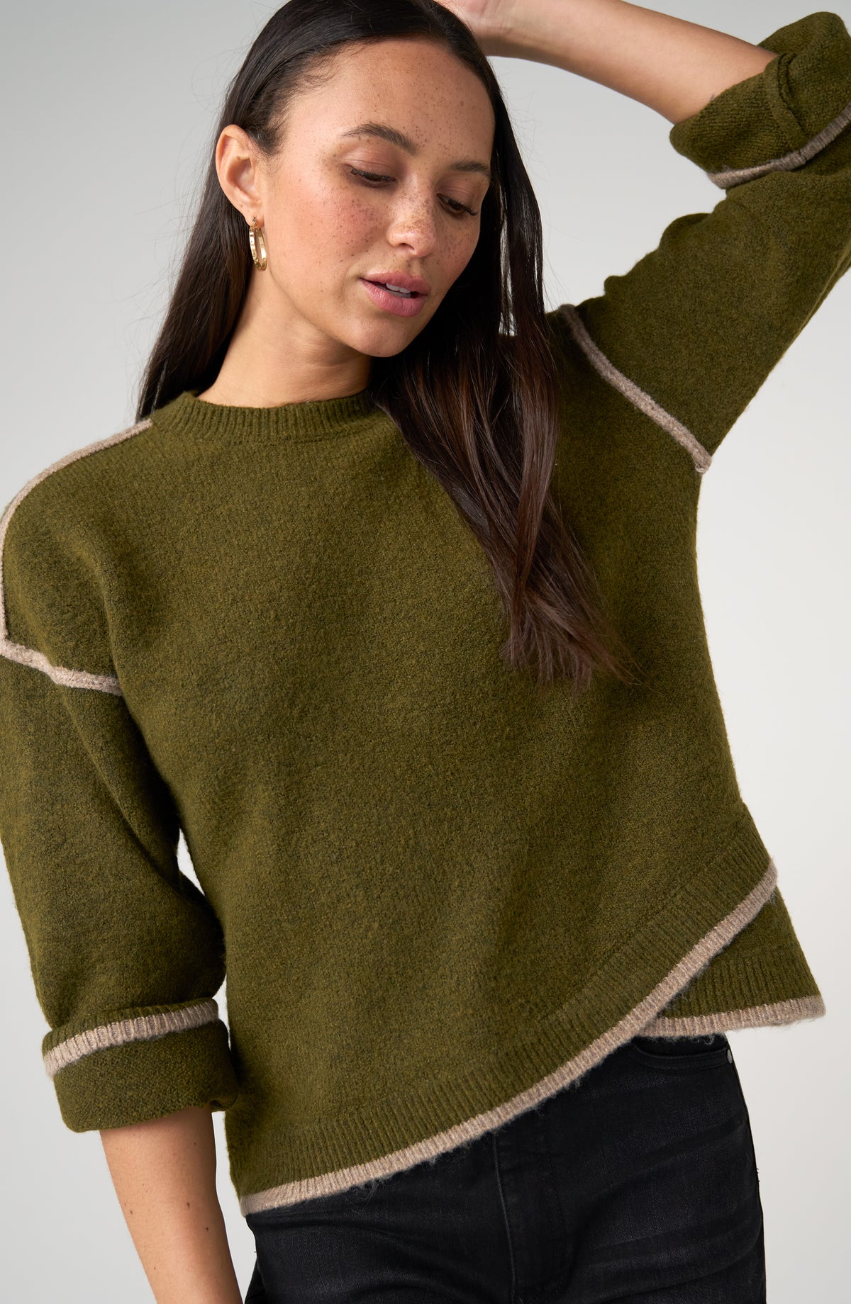Liverpool Long Sleeve Sweater W/ Tulip Hem - Olive with mushroom