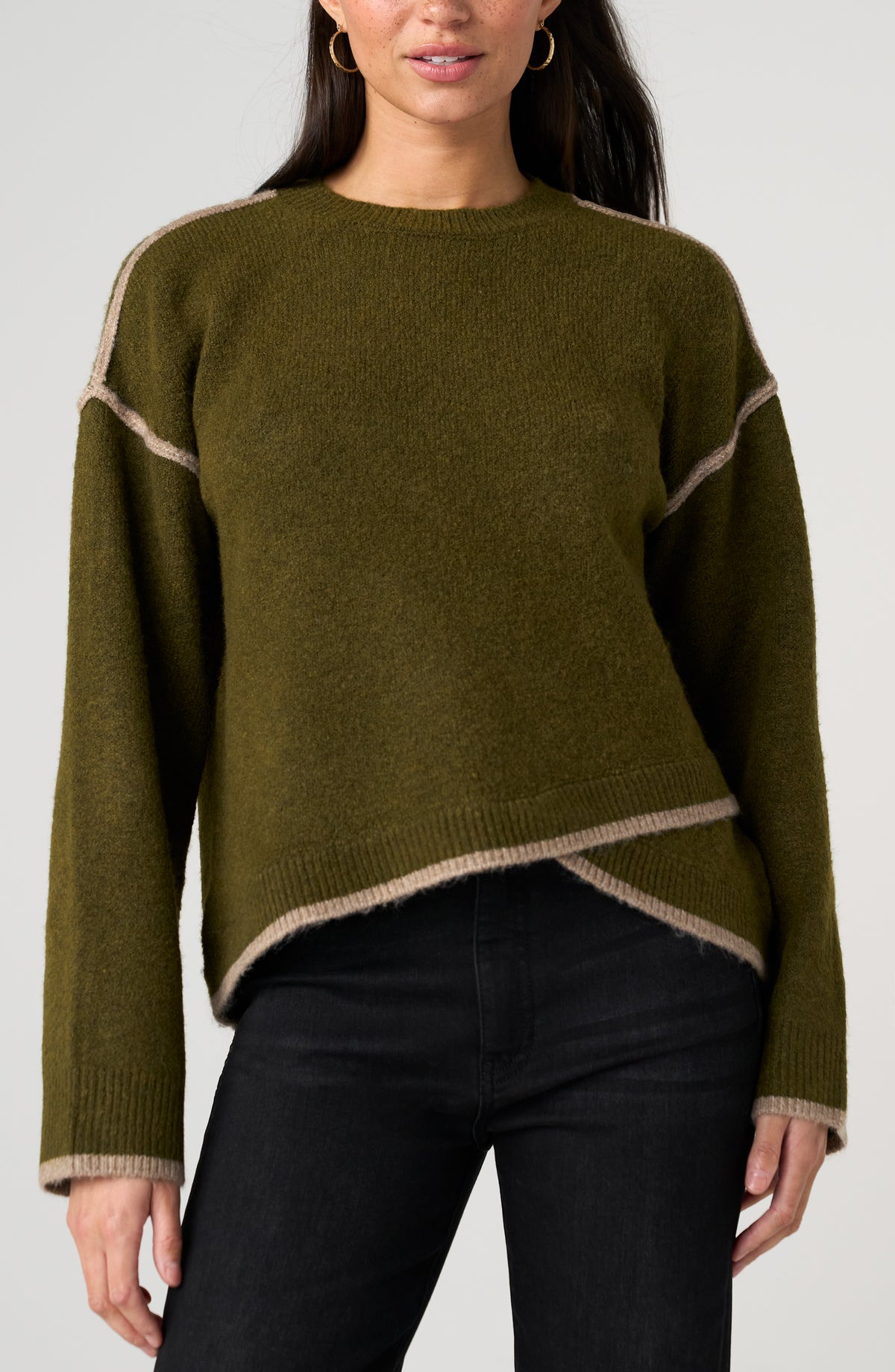 Liverpool Long Sleeve Sweater W/ Tulip Hem - Olive with mushroom