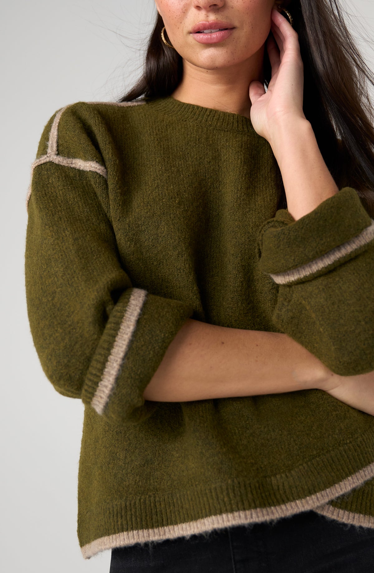 Liverpool Long Sleeve Sweater W/ Tulip Hem - Olive with mushroom