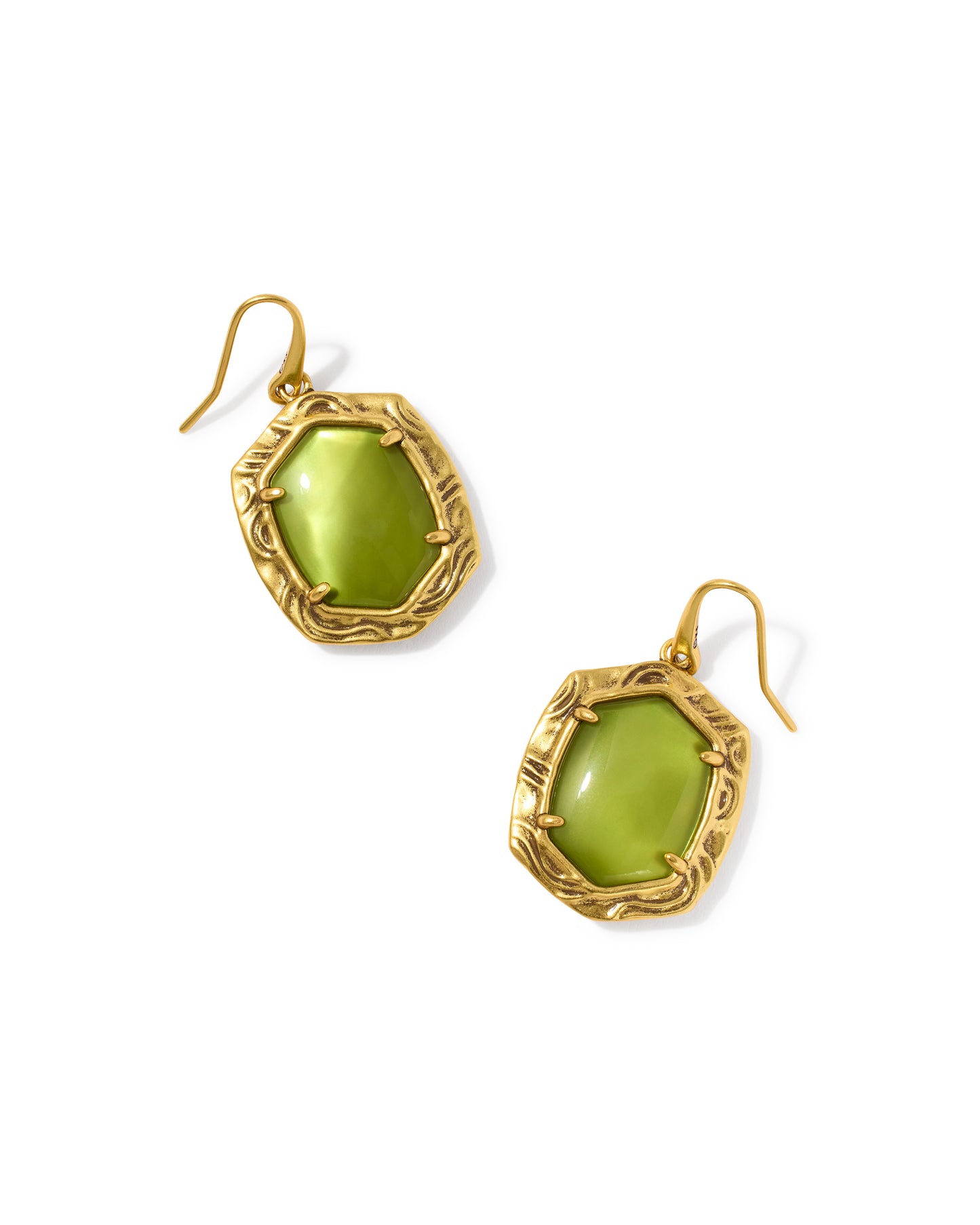 Kendra Scott TIGER STRIPED DAPHNE DROP EARRINGS VINTAGE GOLD CHARTREUSE GREEN MOTHER OF PEARL