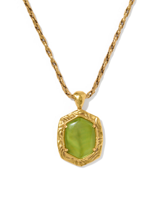 Kendra Scott TIGER STRIPED DAPHNE SMALL LONG PENDANT NECKLACE VINTAGE GOLD CHARTREUSE GREEN MOTHER OF PEARL