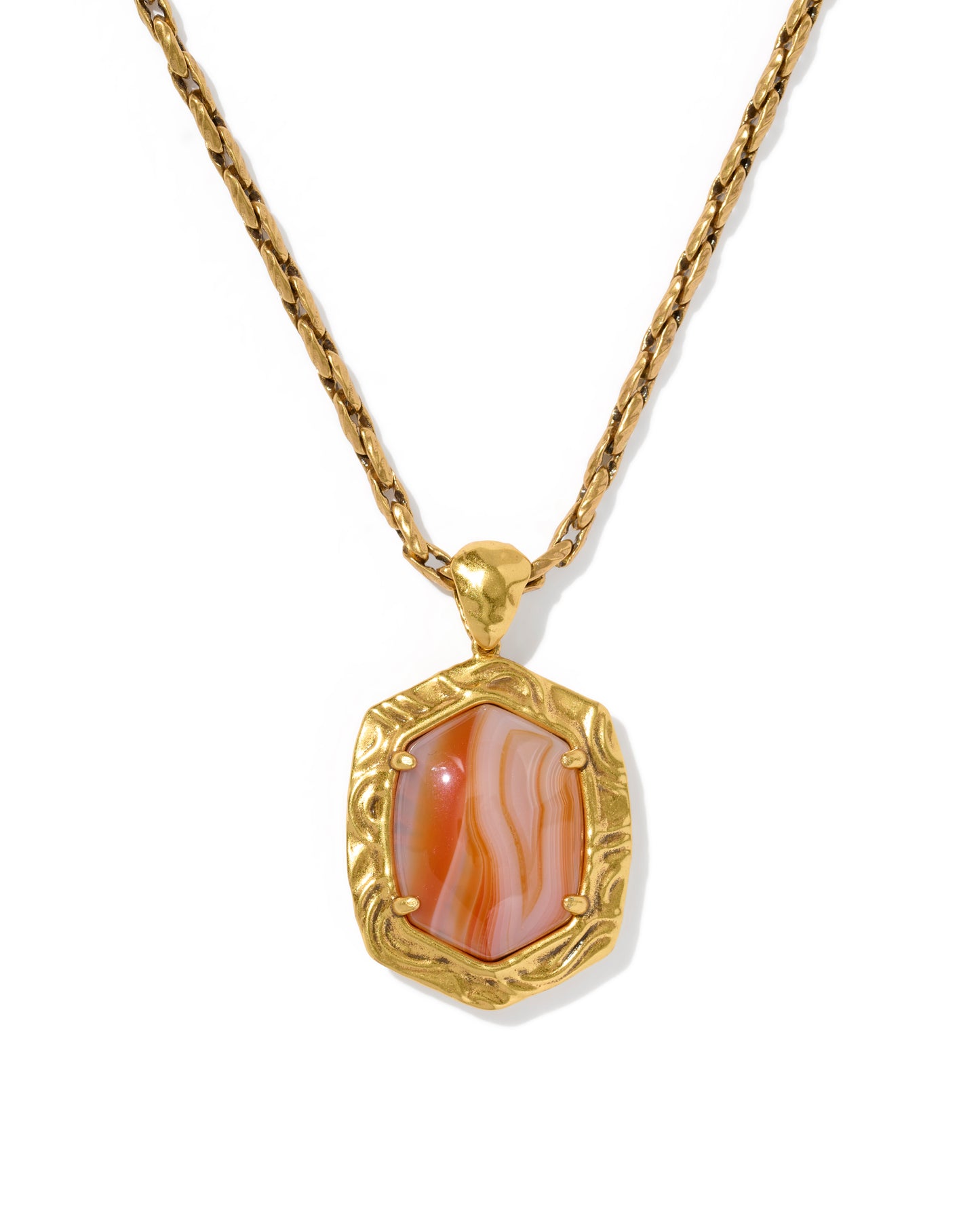 Kendra Scott TIGER STRIPED DAPHNE SMALL LONG PENDANT NECKLACE VINTAGE GOLD ORANGE BANDED AGATE