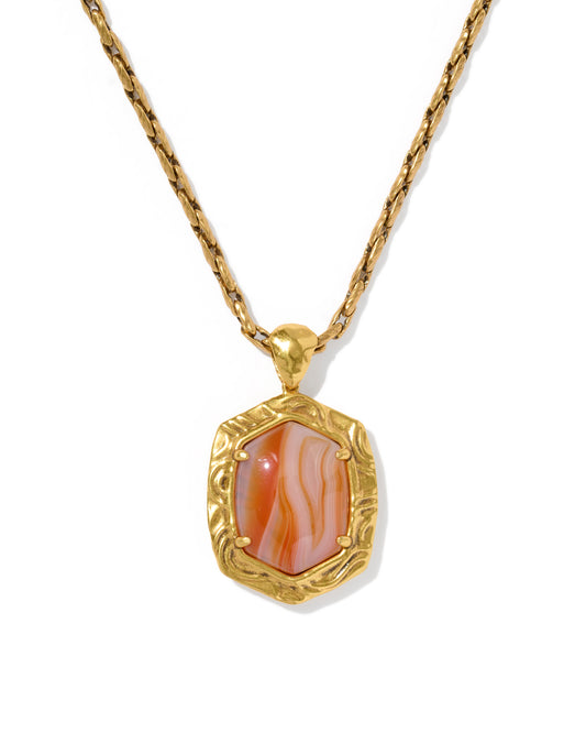 Kendra Scott TIGER STRIPED DAPHNE SMALL LONG PENDANT NECKLACE VINTAGE GOLD ORANGE BANDED AGATE