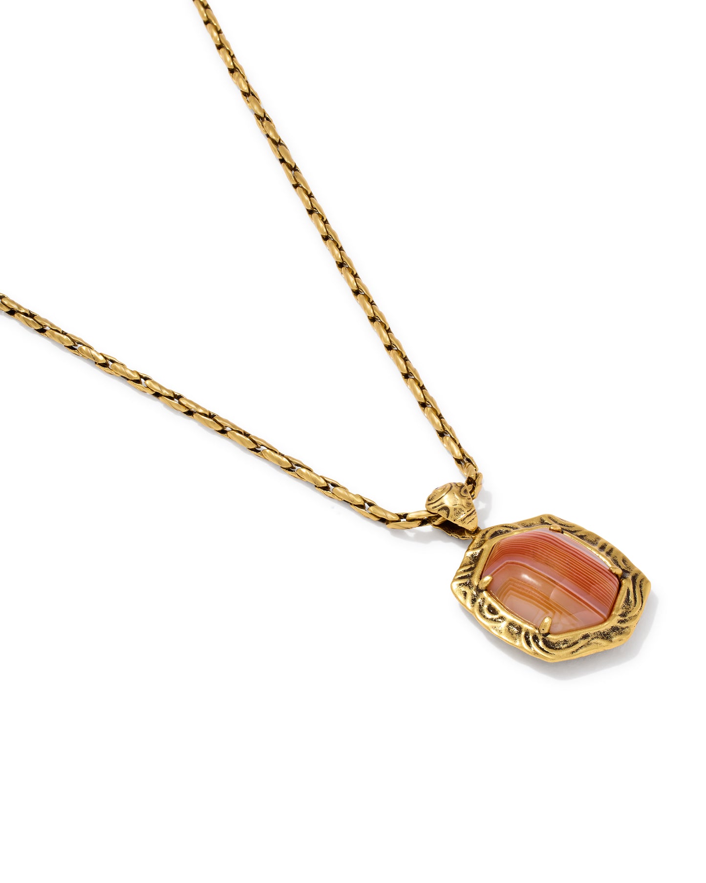 Kendra Scott TIGER STRIPED DAPHNE SMALL LONG PENDANT NECKLACE VINTAGE GOLD ORANGE BANDED AGATE