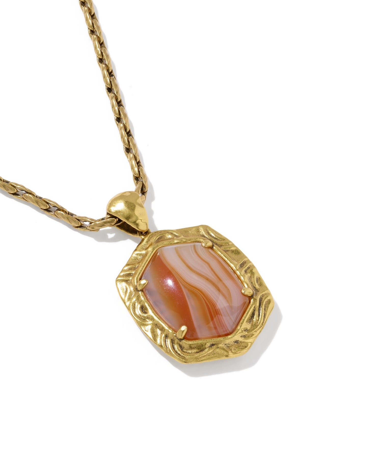 Kendra Scott TIGER STRIPED DAPHNE SMALL LONG PENDANT NECKLACE VINTAGE GOLD ORANGE BANDED AGATE