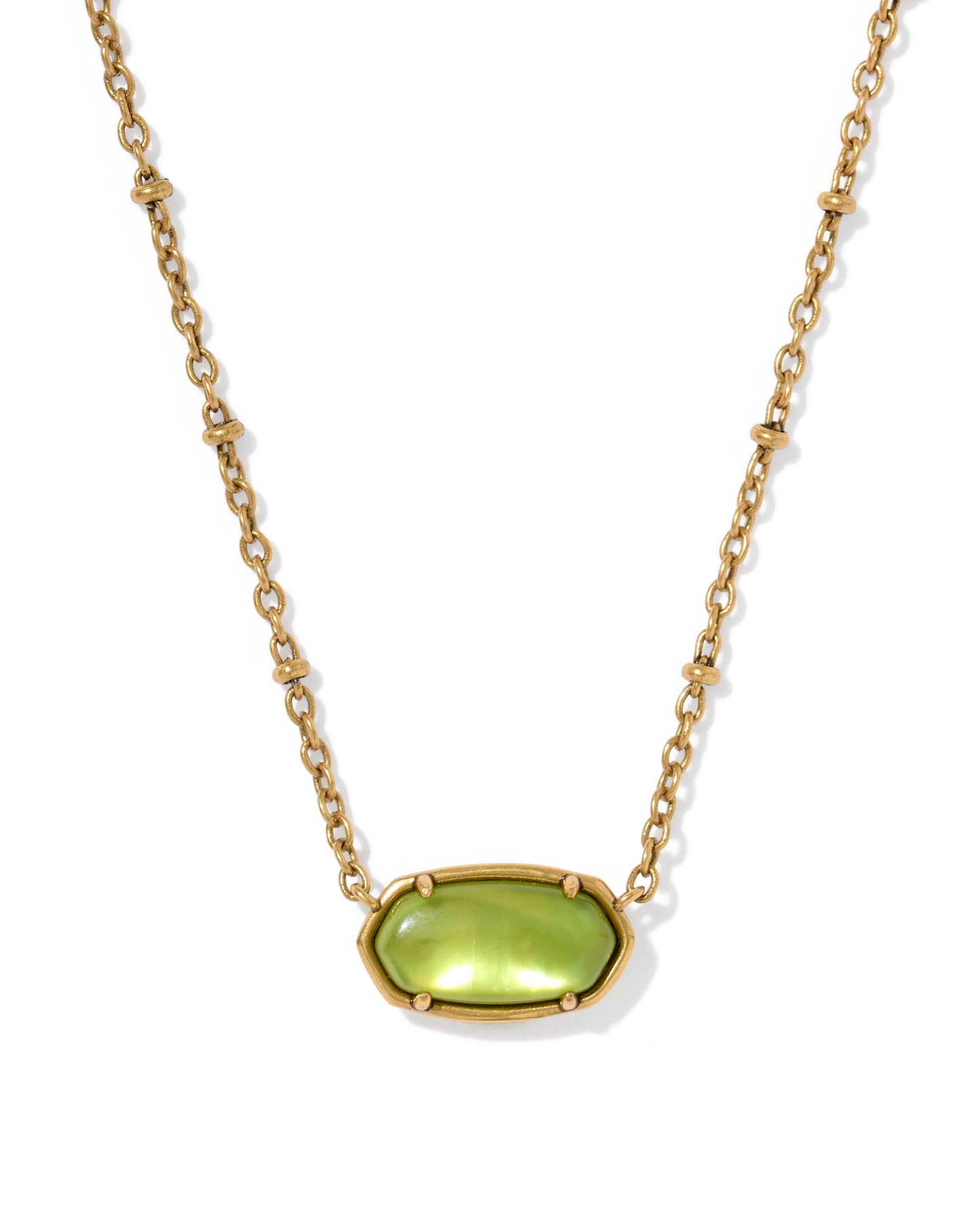 Kendra Scott TIGER STRIPED ELISA SHORT PENDANT NECKLACE VINTAGE GOLD CHARTREUSE GREEN MOTHER OF PEARL