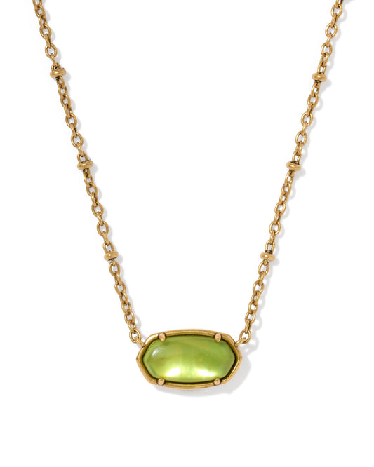 Kendra Scott TIGER STRIPED ELISA SHORT PENDANT NECKLACE VINTAGE GOLD CHARTREUSE GREEN MOTHER OF PEARL
