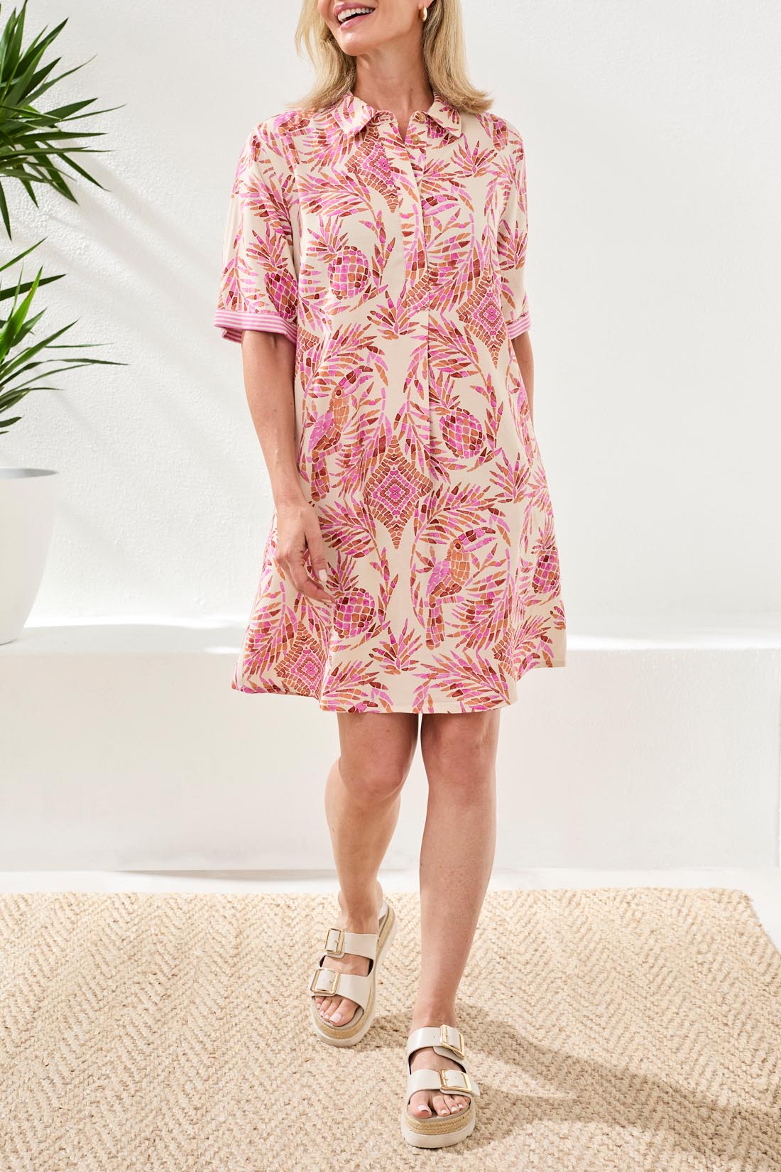TRIBAL 1/2 SLEEVE BUTTTON FRONT DRESS