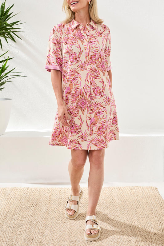 TRIBAL 1/2 SLEEVE BUTTTON FRONT DRESS