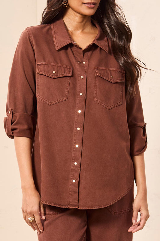 TRIBAL CLASSIC DENIM SHIRT W/ROLL UP SLEEVES-RUSTICBROWN