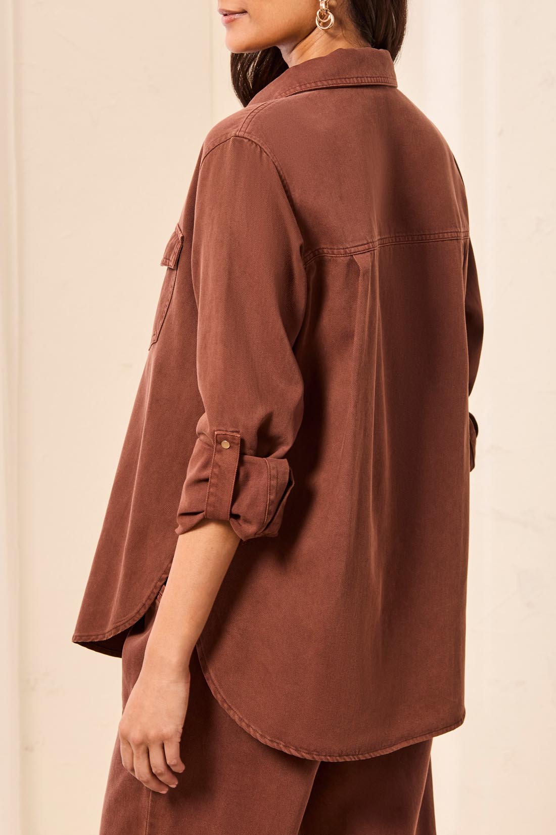 TRIBAL CLASSIC DENIM SHIRT W/ROLL UP SLEEVES-RUSTICBROWN