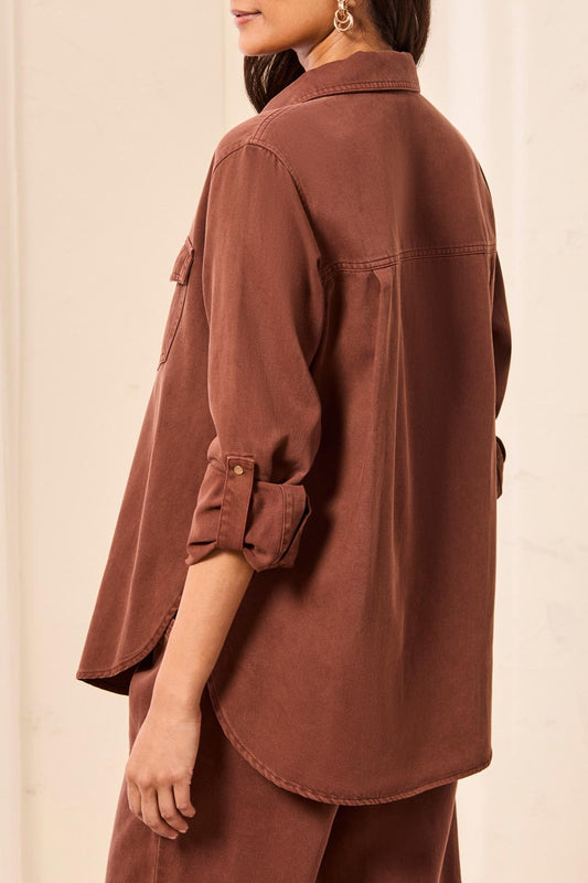 TRIBAL CLASSIC DENIM SHIRT W/ROLL UP SLEEVES-RUSTICBROWN