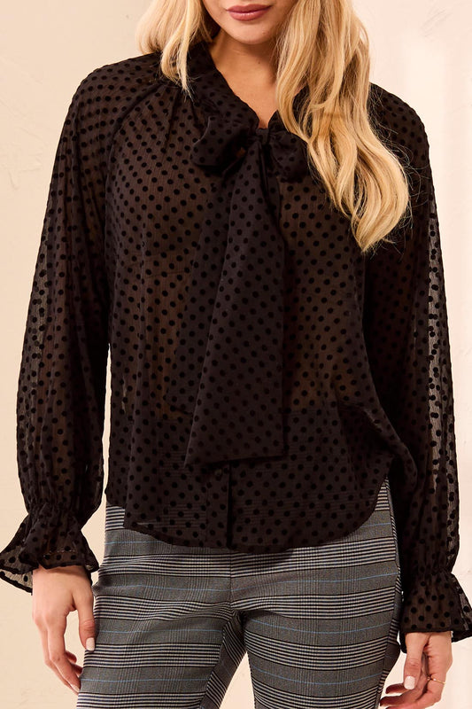 TRIBAL Chiffon Swiss Dot Bow Tie Neck Blouse - Black