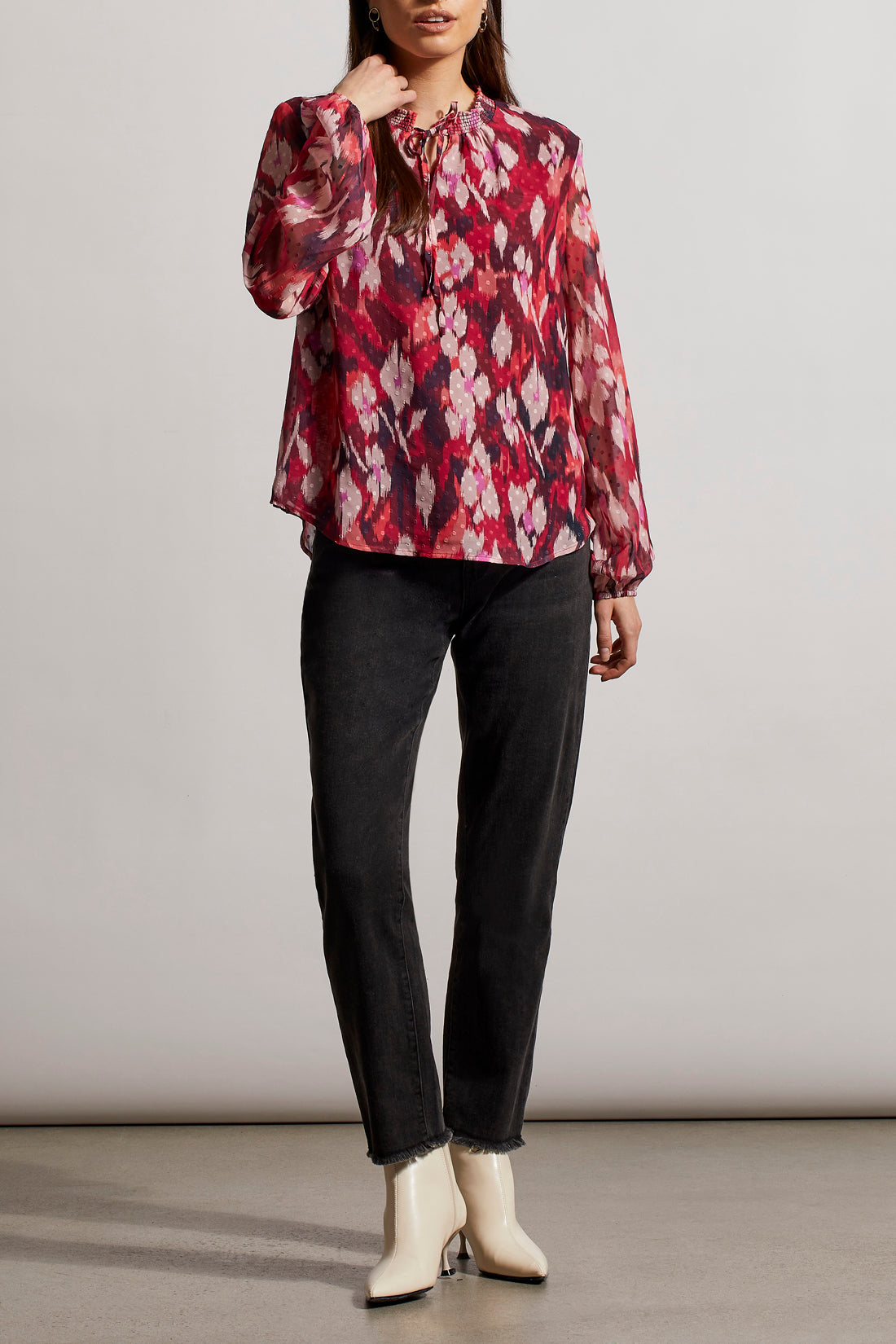 TRIBAL FLOWY SWISS DOT CHIFFON BLOUSE