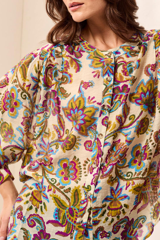 TRIBAL FLOWY DOLMAN SLEEVE BLOUSE WITH SELF-COVERING BUTTONS