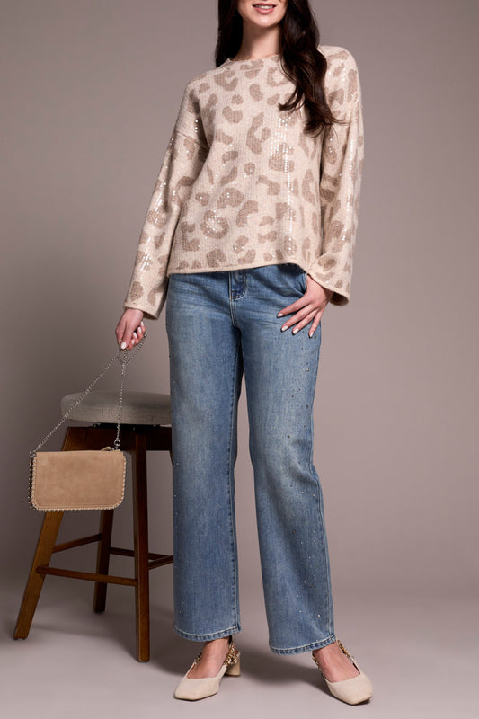 TRIBAL CREW NECK SWEATER with SEQUINS