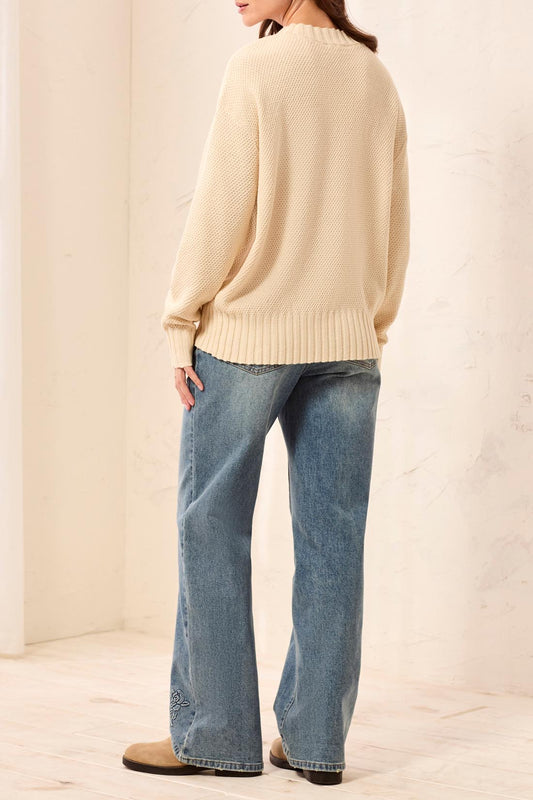 TRIBAL CREW NECK HIGH LOW SWEATER-ANTIQUEWHITE