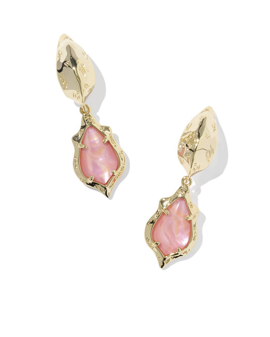 Kendra Scott ADRIANA SCALLOP FRAME HUGGIE EARRINGS GOLD LIGHT PINK IRIDESCENT ABALONE