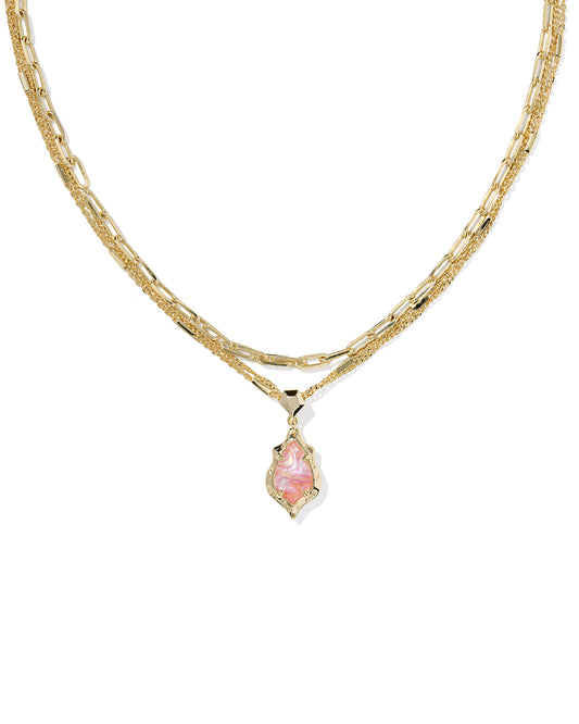 Kendra Scott ADRIANA SCALLOP FRAME MULTI STRAND NECKLACE GOLD LIGHT PINK IRIDESCENT ABALONE