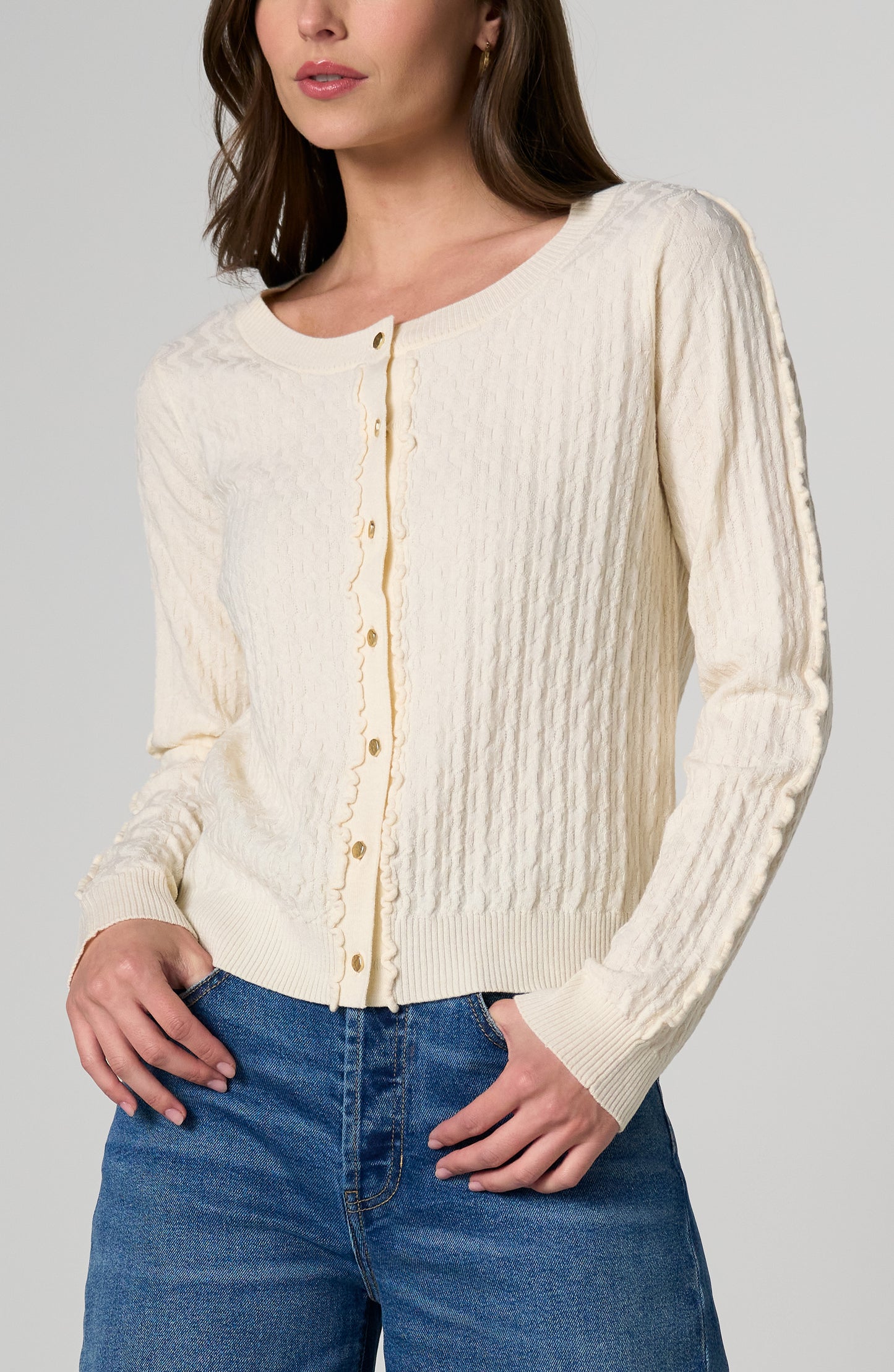 Liverpool Button Front Cardigan Sweater W/ Ruffles - Cream or Black