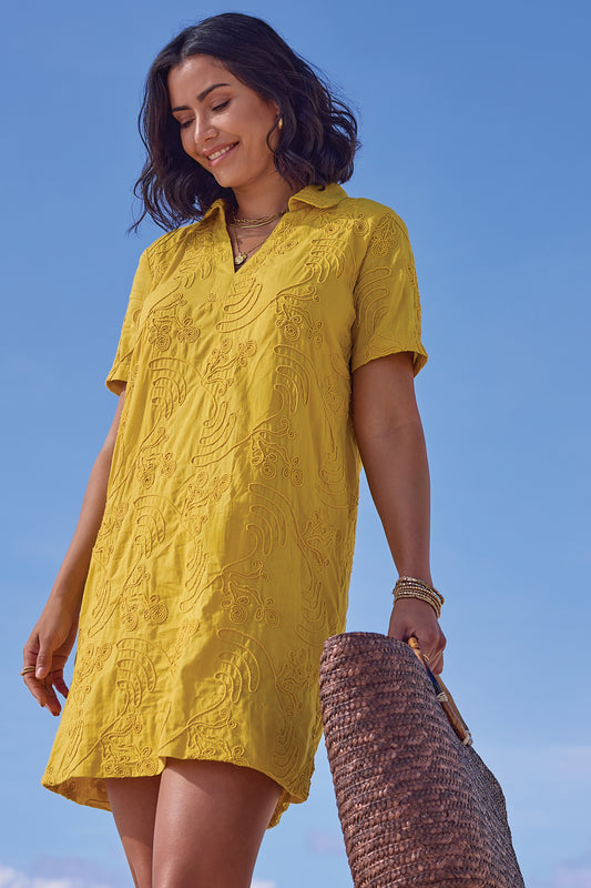 TRIBAL ELBOW SLEEVE V-NECK TUNIC DRESS- Lemon