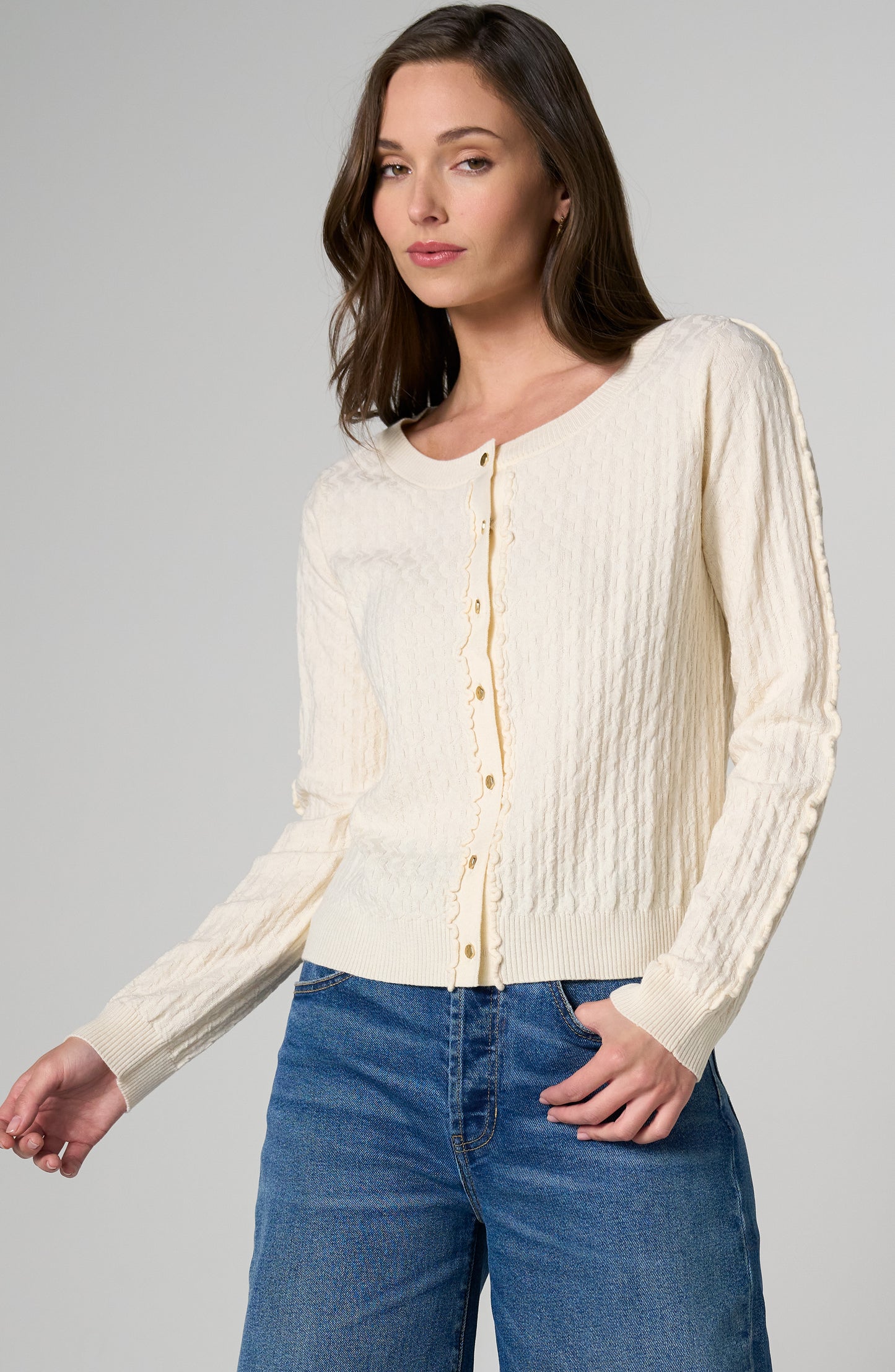 Liverpool Button Front Cardigan Sweater W/ Ruffles - Cream or Black