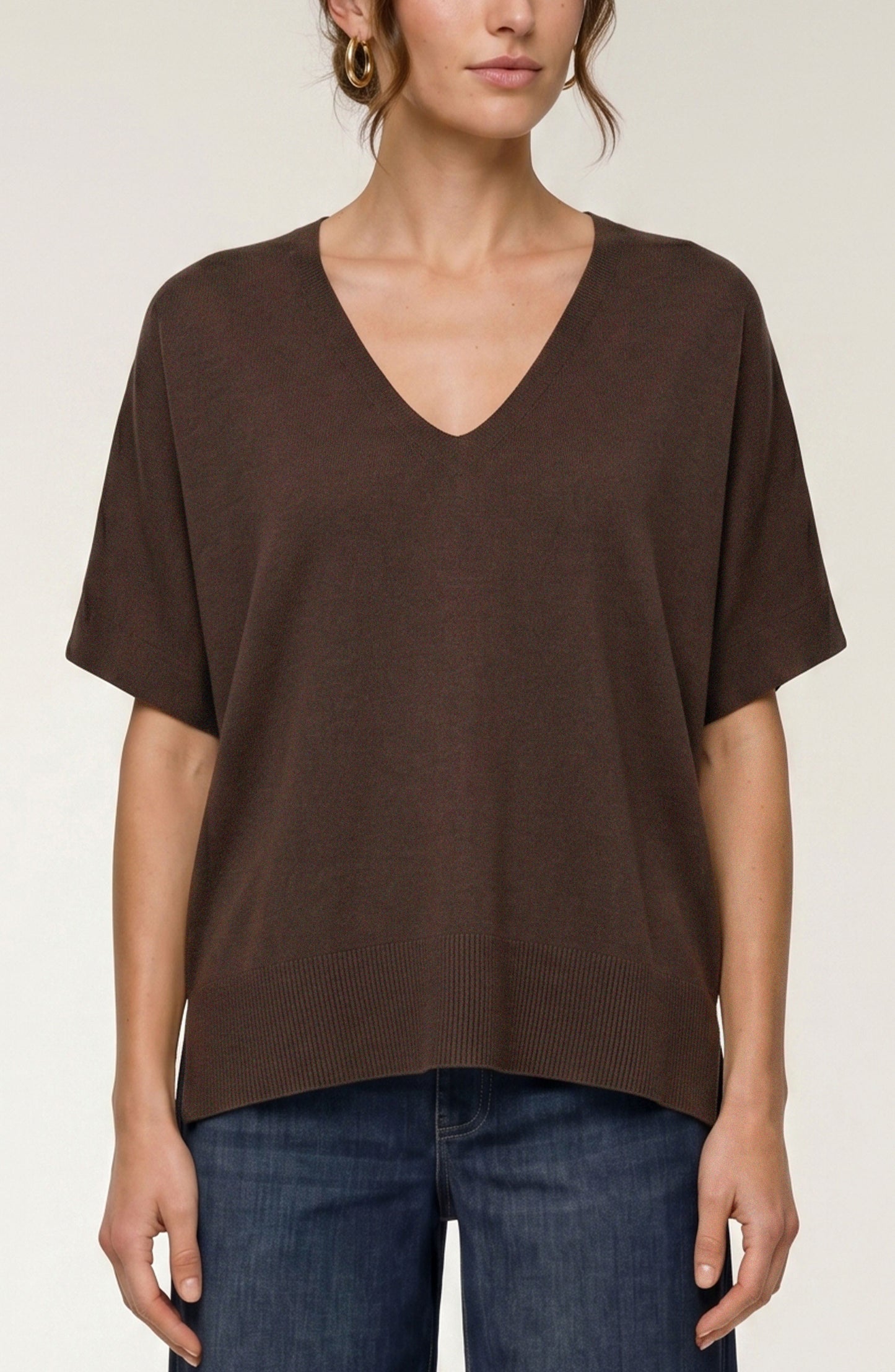 Liverpool  Short Sleeve V-Neck Dolman Popover Sweater with Step Hem- Java or Hunter Green