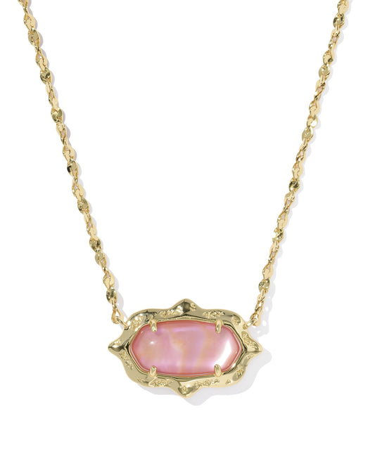 Kendra Scott ELISA SCALLOP FRAME SHORT PENDANT NECKLACE GOLD LIGHT PINK IRIDESCENT ABALONE