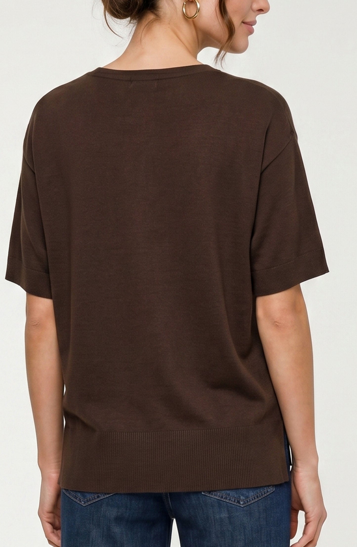Liverpool  Short Sleeve V-Neck Dolman Popover Sweater with Step Hem- Java or Hunter Green
