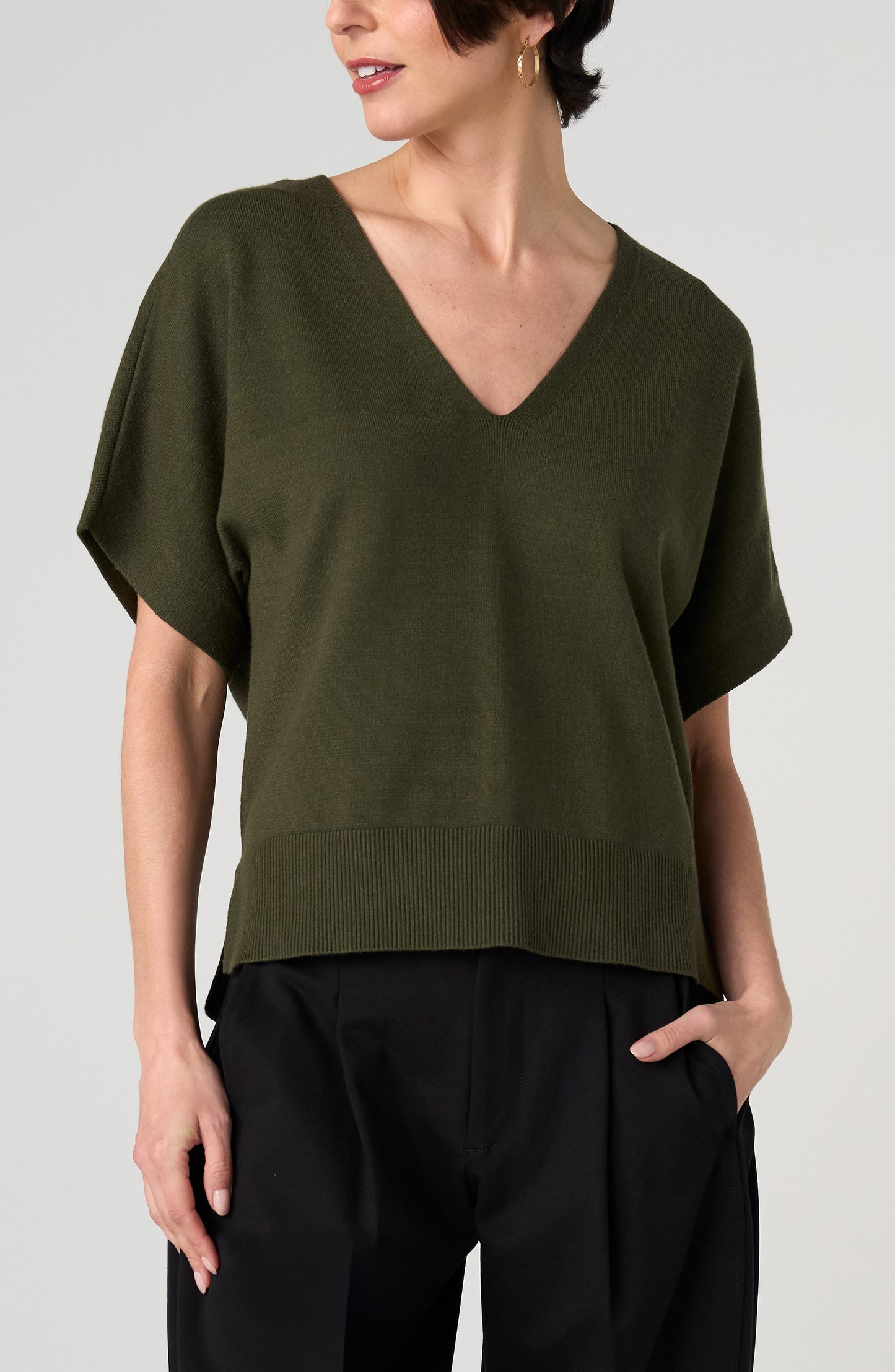 Liverpool  Short Sleeve V-Neck Dolman Popover Sweater with Step Hem- Java or Hunter Green