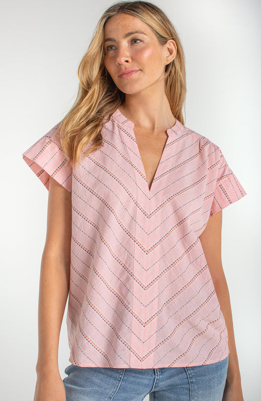 Liverpool Pink Stripe Short Sleeve Popover Woven Top