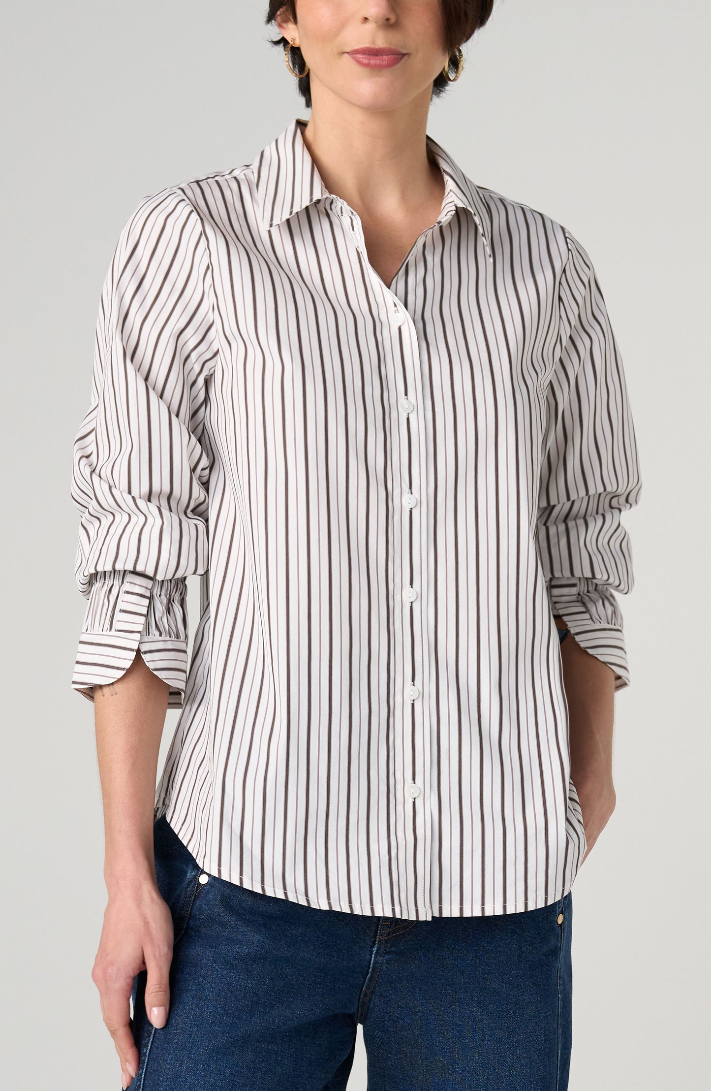 Liverpool Adjustable Sleeve Button Front Woven Top - Cream dark espresso