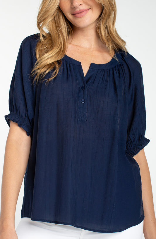 Liverpool Navy short sleeve half placket woven blouse