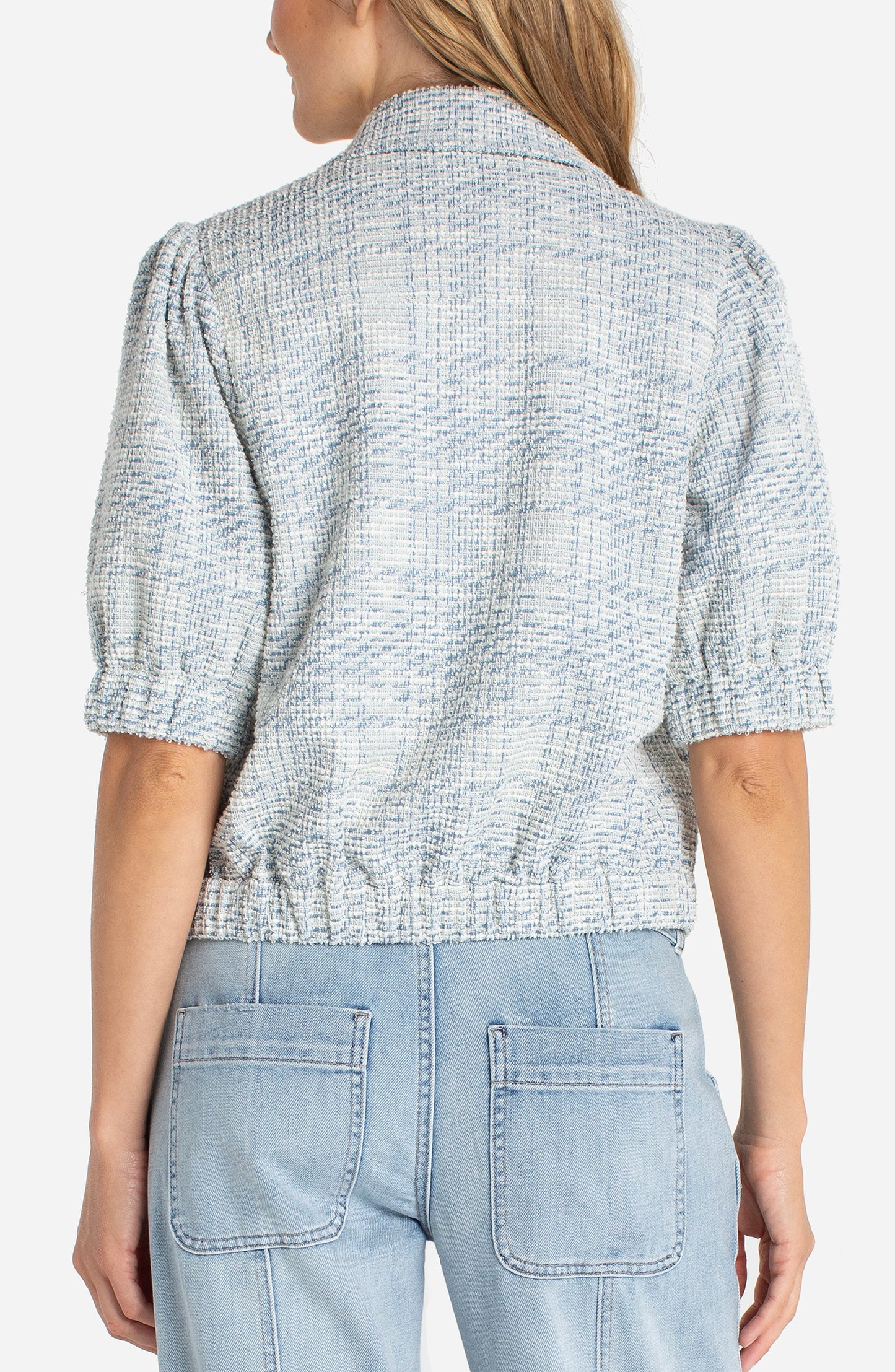 Liverpool Cream Blue Plaid short puff sleeve jacket 22' hps