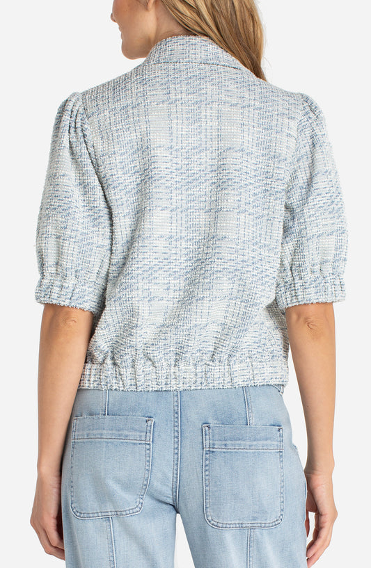 Liverpool Cream Blue Plaid short puff sleeve jacket 22' hps