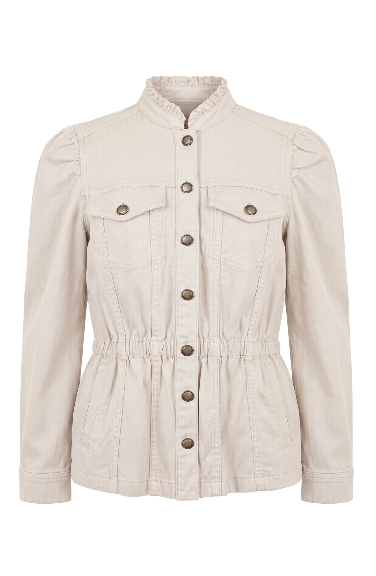 Liverpool Puff Sleeve Trucker Jacket W/ Ruffle Collar -Bone